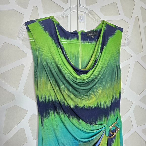 Tahari Drape Neck Ruched Midi Dress Size 4 Art to Wear Work Office Abstract - Picture 3 of 6